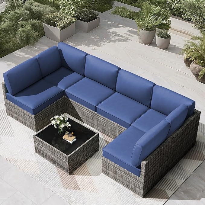 Patio Cushions for Outdoor Furniture,Water-Resistant Outdoor Cushions for 6 Seat Outdoor Sectinal,25.3"×25.3" Deep Seat Sofa Cushions, 14-Piece Outdoor Couch Cushions,Deep Blue