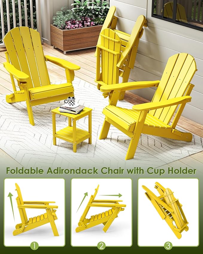 GREENVINES Folding-Adirondack-Chairs-Set-of-2 | HDPE Plastic | Fire Pit Chair | All Weather | Cup Holder | Yellow | for Deck Backyard Patio Outdoor Garden