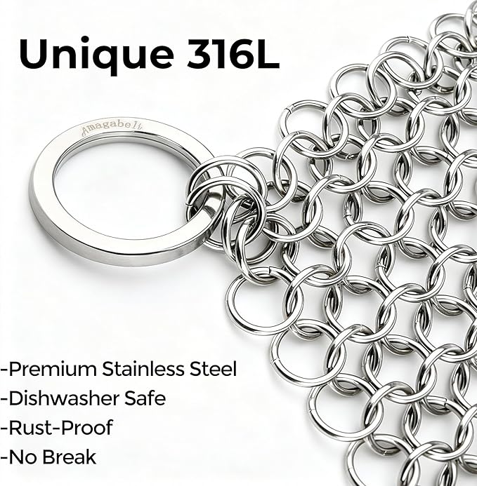 Amagabeli Cast Iron Cleaner 8"x6" 316L Stainless Steel Chainmail Scrubber Cast Iron Skillet Cleaner for Pan Pot Wok Griddles BBQ Grills Cast Iron Cleaning