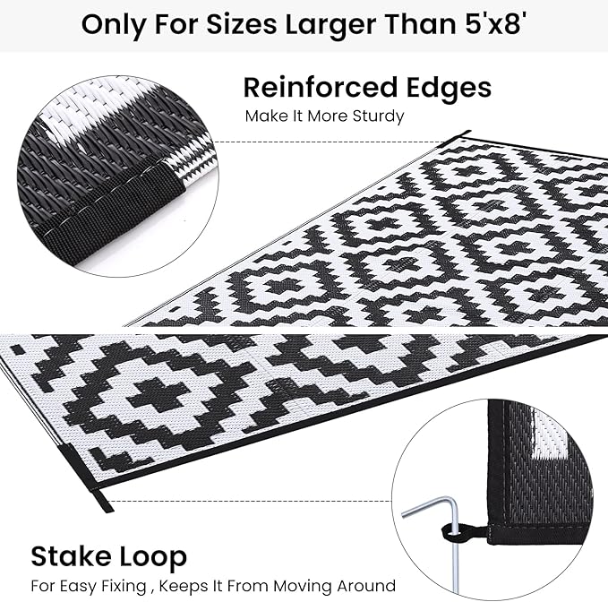 Smiry Waterproof Outdoor Rug 9X18 ft, Reversible Plastic Straw Patio Camping Rugs, Outdoor Indoor RV Mat Carpet for Patio, Outside Entry, Backyard, Deck, Bench, Picnic, Camper, Black & White