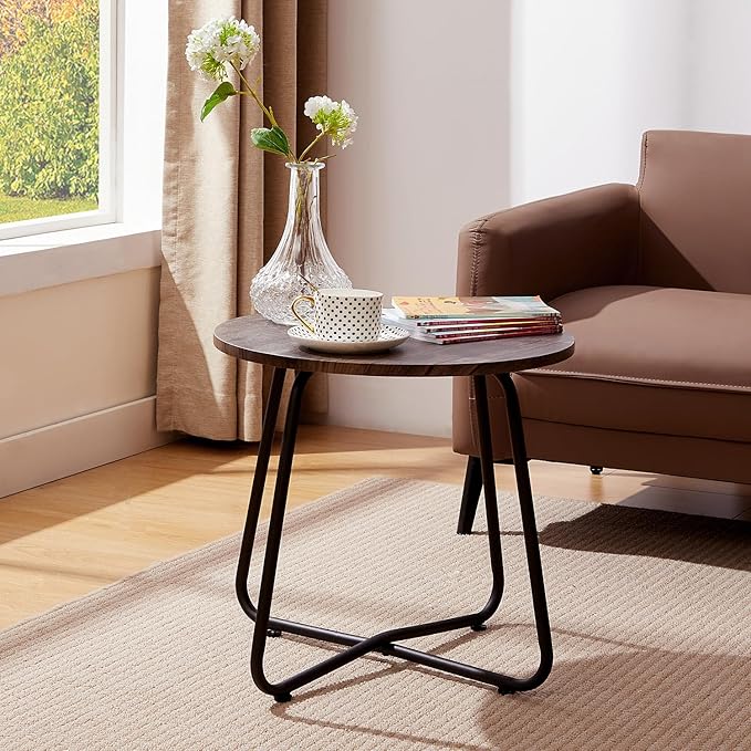 VECELO Outdoor Side Table,17.7 inch Patio Small Round End Table,Waterproof Wood Table with Weather Resistant Steel Adjustable Feet for Living Room Bedroom Garden Yard Balcony Porch Poolside