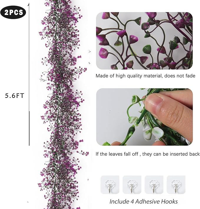 RECUTMS Faux Vines Garland Artificial Hanging Plant Greenery Fake Ferns Leaves Ivy Garland 2Pcs 5.6Ft for Spring Home Indoor Outdoor Wedding Farmhouse Party Garden Valentines Day Decor(Fuchsia)