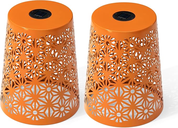 Glitzhome Ourdoor Side Table Set of 2,Solar Iron Cutout Geometric Pattern Decorative Garden Stool Planter Stand,Accent Table or Lantern for Patio Poolside Party Yard,Orange