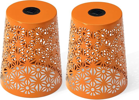 Glitzhome Ourdoor Side Table Set of 2,Solar Iron Cutout Geometric Pattern Decorative Garden Stool Planter Stand,Accent Table or Lantern for Patio Poolside Party Yard,Orange