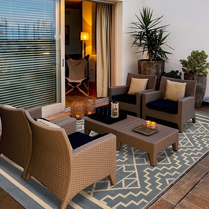 SAND MINE Reversible Mats, Plastic Straw Rug, Modern Area Rug, Large Floor Mat and Rug for Outdoors, RV, Patio, Backyard, Deck, Picnic, Beach, Trailer, Camping (5' x 8', Grey & Tan)