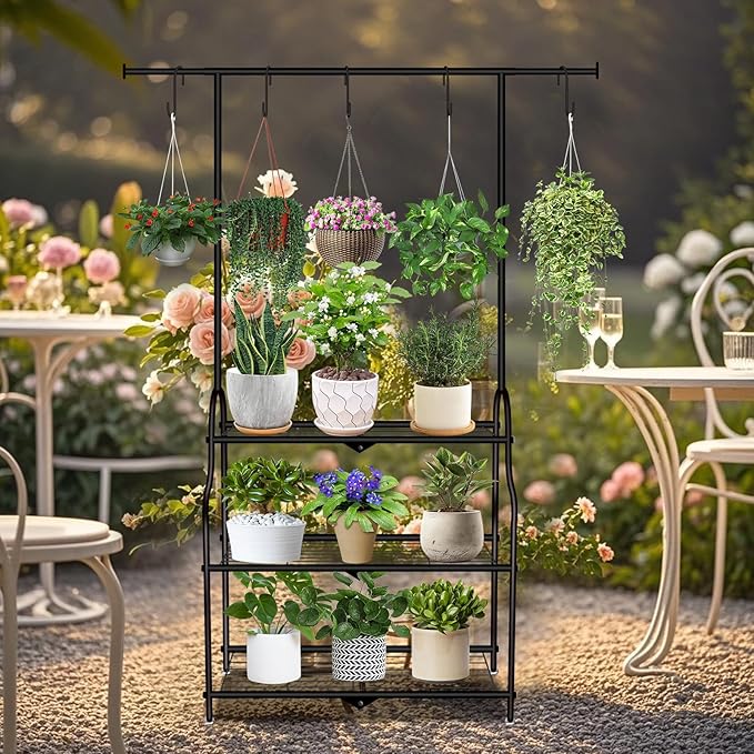 3 Tier Metal Plant Stand Indoor Outdoor, Heavy Duty Metal Hanging Plant Shelf for Multiple Flower Planter Holder, Tall Plant Holder with Plant Hanger for Garden, Living Room, Balcon