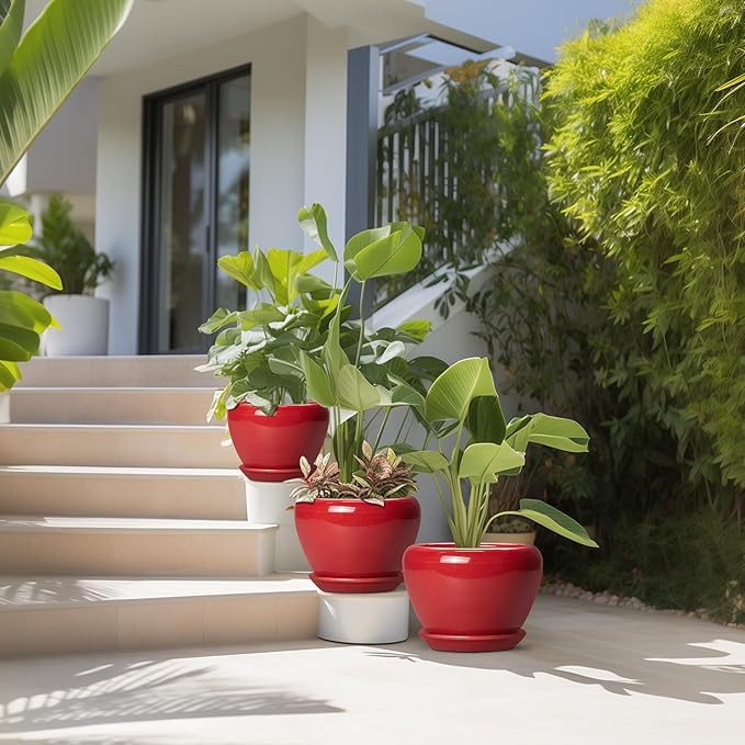 Ceramic Plant Pots, 10+8+6 Inch Ceramic Planters with Drainage Holes and Saucers, Round Decorative Pots for Plants Indoor Outdoor, House Decor, Gifts for Plant Lovers, Set of 3, Bright Red