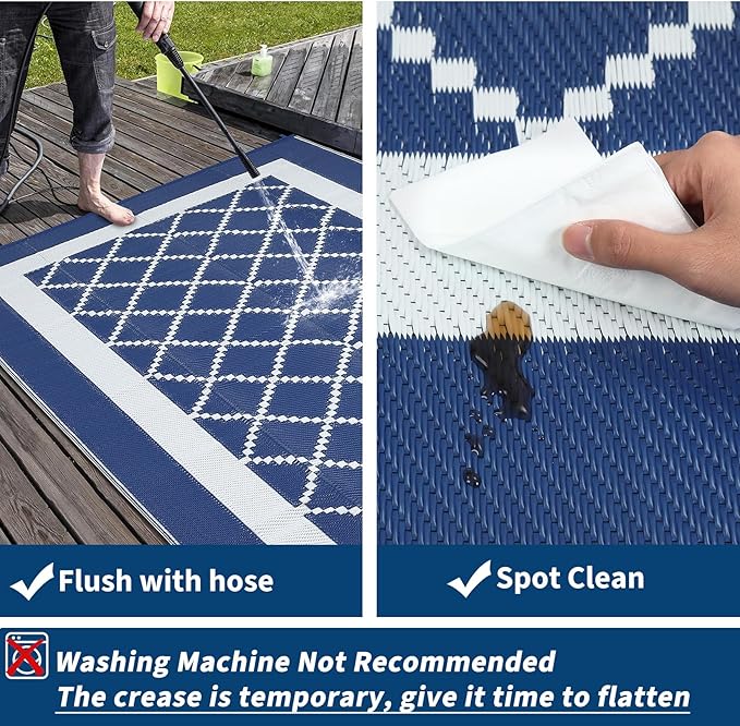 COZYLOOM Outdoor Plastic Straw Rug 9x12 Reversible Waterproof Outdoor Rug for Patio, Large Modern Boho Carpet, RV Mat for Deck, Balcony, Camping, Beach, Picnic, Navy&White