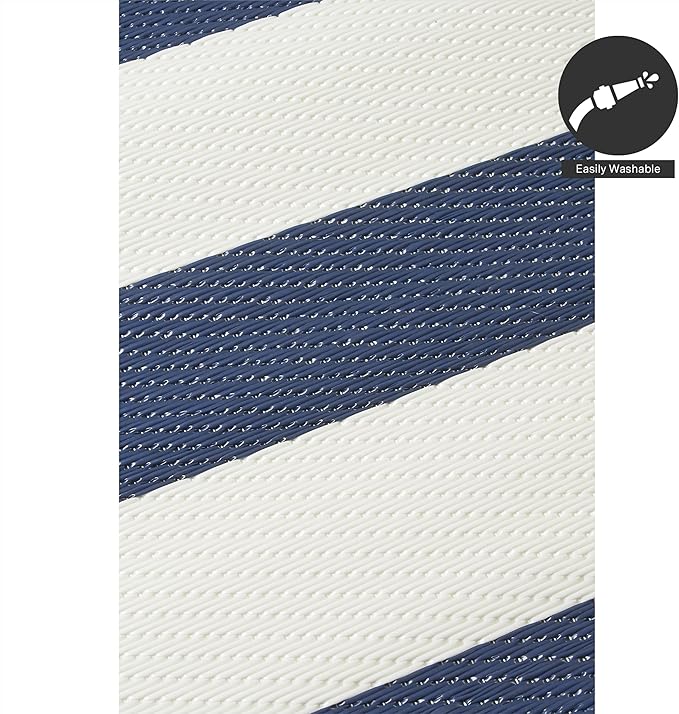 FH Home Outdoor Rug - Waterproof, Fade Resistant, Reversible - Premium Recycled Plastic - Striped - Porch, Deck, Balcony, Mudroom, Laundry Room, Patio - Brittany - Blue & White Crease Free - 3 x 5 ft