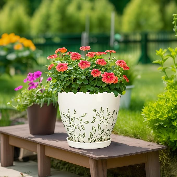 Ceramic Pots for Indoor Plants - 10+8+6 Inch Planters with Drainage Holes and Saucers, Decorative Boho Round Indoor Planters Pots, Room Decor, Gifts for Plant Lovers, Set of 3, White