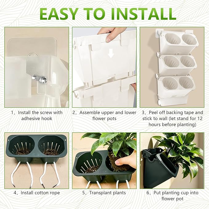 3-Tiers Vertical Wall-Mounted Planter with 6 Pots Vertical Garden Living Wall Planter Indoor Self-Watering Soil-Water Separation Stackable Plastic Planter for Herb Vegetable Flower Succulent (White)
