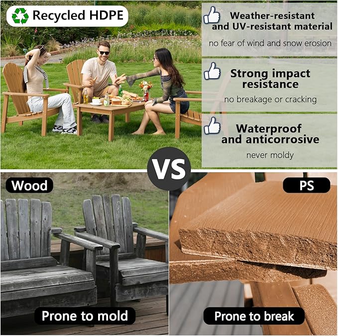 nevilywood Compact Stackable Adirondack Chairs Set of 2, 26.3" Wide HDPE Outdoor Patio Chairs - Durable, Space-Saving Design for Porch, Lawn or Garden, Teak