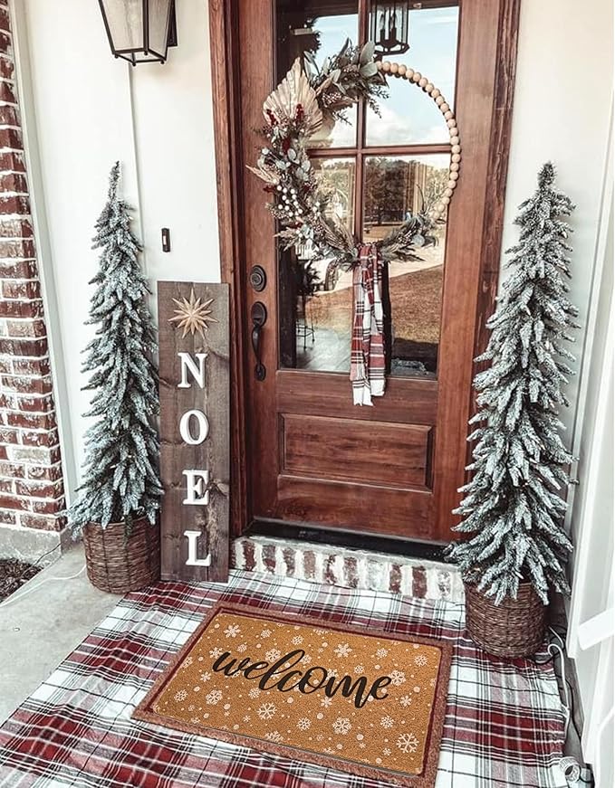 Winter Snowflake Welcome Mat Chirstmas Doormat Outside Entrance, Faux-Coir Seasonal Entryway-Rug Non-Slip Dirt-Trapping Thin Door Mat 17"x30" for Front Door, Indoor, Outdoor, Porch