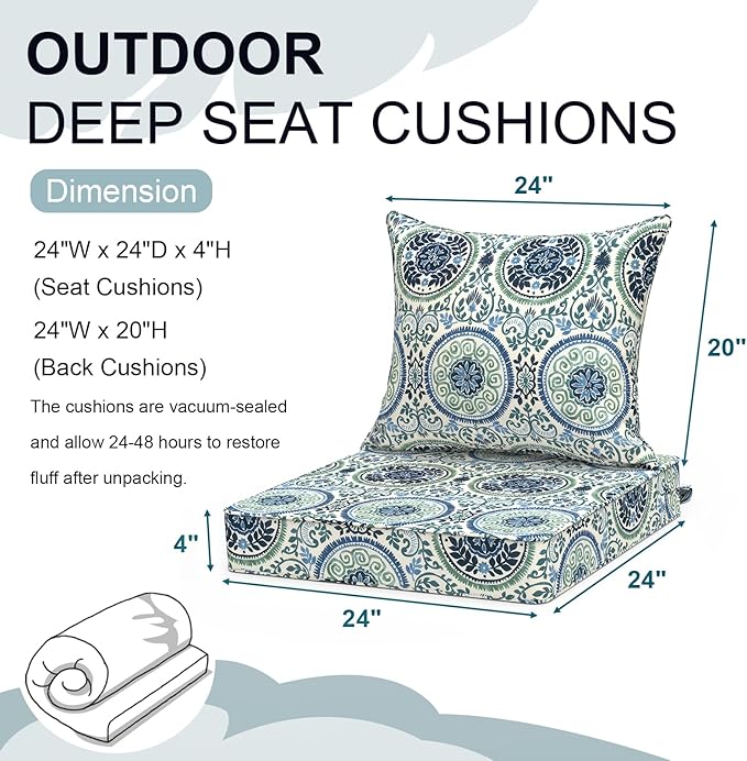 Outdoor Deep Seat Cushion Set, Water Repellent 24"x24" Patio Thick Cushions Replacement with Seat & Back Pillow for Patio Sofa, Wicker Chair, Couch - Wreath Blue