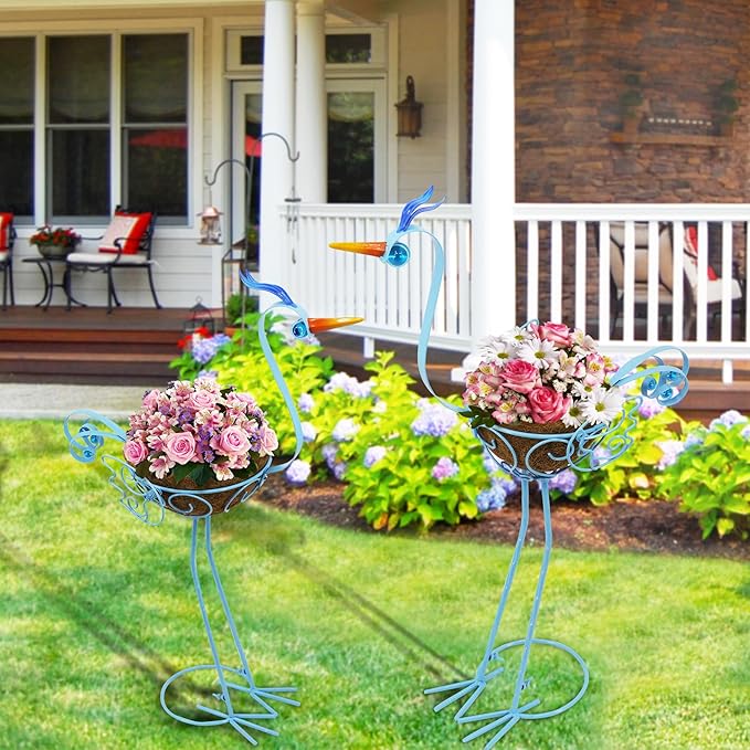 J-Fly 2 Sets Pelican Metal Flowers Plant Holders Stand with Coconut Pots, Plants Stand Indoor Flower Pots Outdoor, Room Home Living Room Front Outdoor Patio Decor, Gardening Valentine Decoration Gifts