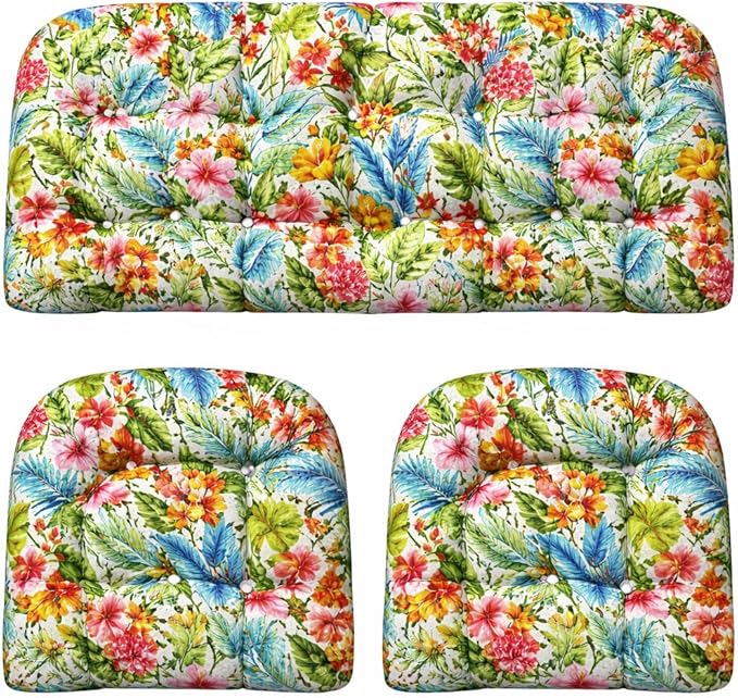 RSH DECOR: 3-Piece Tufted Wicker Cushion Set -41”x19 & 19"x19" Outdoor Wicker Loveseat Cushions & U-Shape Chair Cushions for Patio Furniture - All-Weather Spun Fabric (Carena Multi) - Made in USA