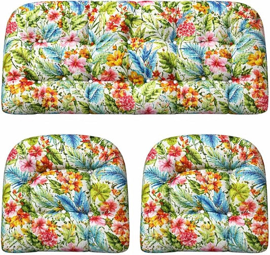 RSH DECOR: 3-Piece Tufted Wicker Cushion Set -41”x19 & 19"x19" Outdoor Wicker Loveseat Cushions & U-Shape Chair Cushions for Patio Furniture - All-Weather Spun Fabric (Carena Multi) - Made in USA