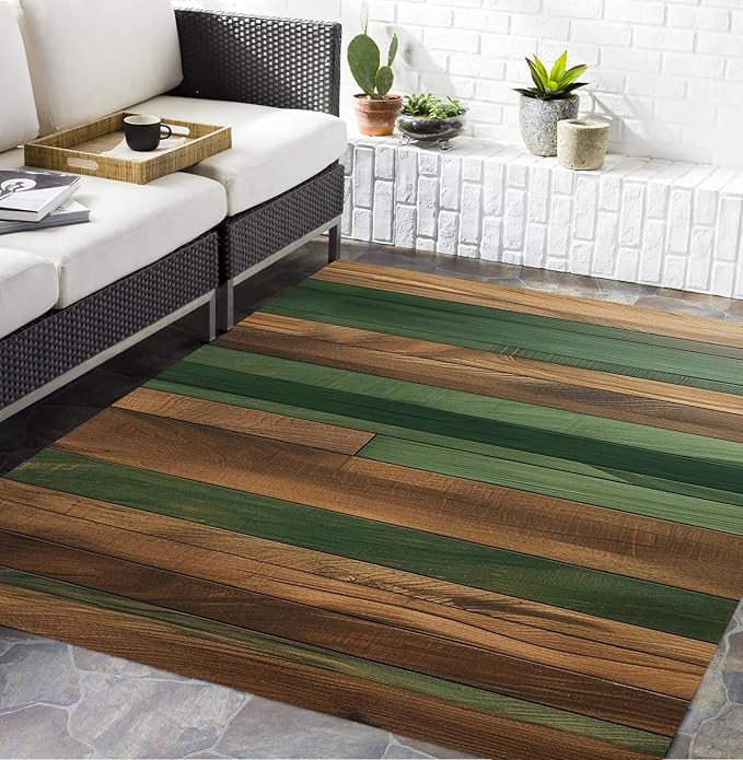Waterproof Wood Grain Outdoor Rug 4x6 Green Brown Stripes Wooden Board Print Outdoor Area Rugs for Backyard Balcony Porch Patio Deck Washable Non Slip Farmhouse Indoor Outdoor Carpet Floor Mat