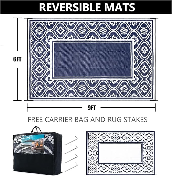HUGEAR Plastic Outdoor Rug 6'x9' Waterproof Camping Carpet Outside Reversible Area Rug Blue Rugs for RV Deck Entryance Porch Picnic Balcony Beach