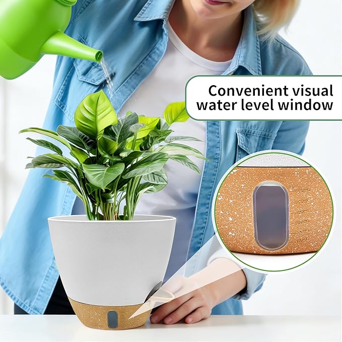 12"/10"/9"/8" Self Watering Pots with Visual Water Window,Extra Large Self Watering Plant Pots with Drainage Holes & Saucers,White Planters for Indoor Plants,4-Pack