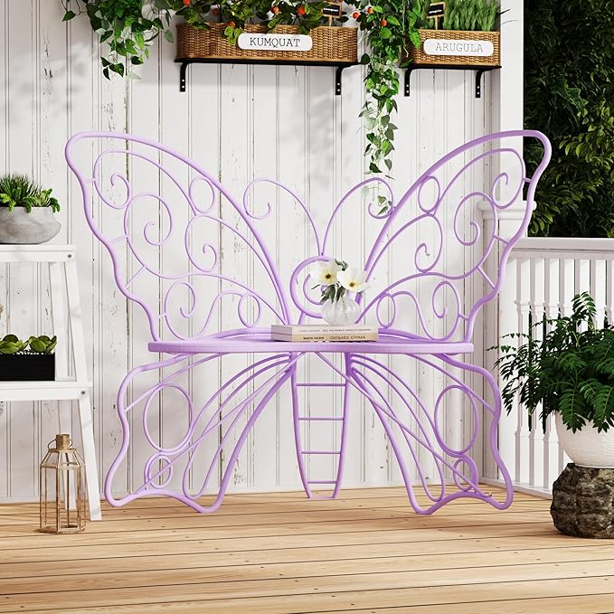 49 Inch Outdoor Bench, Purple Garden Bench with Metal Frame, Weatherproof Butterfly Front Porch Benches for Lawn, Garden, Yard, Balcony