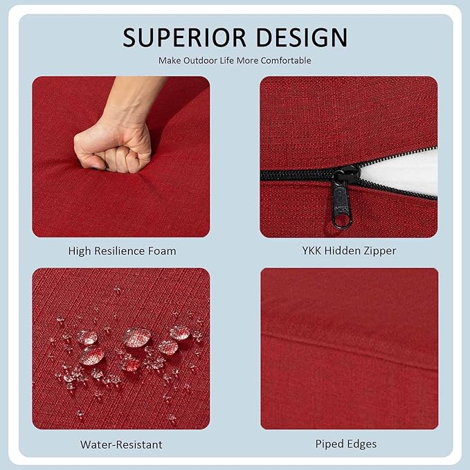 24x24 Inch Outdoor Deep Seat Cushions Set of 2,Thick High-Density Foam, Removable Cover with YKK Hidden Zipper,Water-Resistant UV-Resistant Polyester for Patio Furniture,Chili