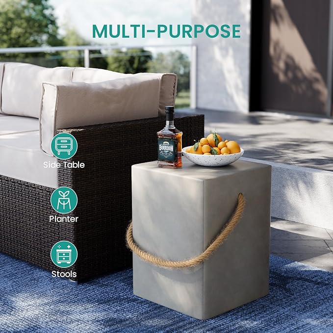SUNBURY Outdoor Side Table, 18" H Concrete Side Table w Hemp Rope, End Table for Patio, Outdoor Coffee Table in Medium Gray, Garden Plant Stands