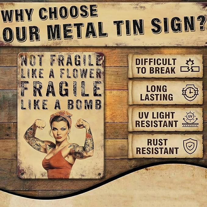 PEACHGARDEN Home Gym Decor Girl Gym Signs Not Fragile Like a Flower Fragile Like a Bomb Fitness Wall Decor Metal Tin Sign for Home Bar Pub 8x12 Inch