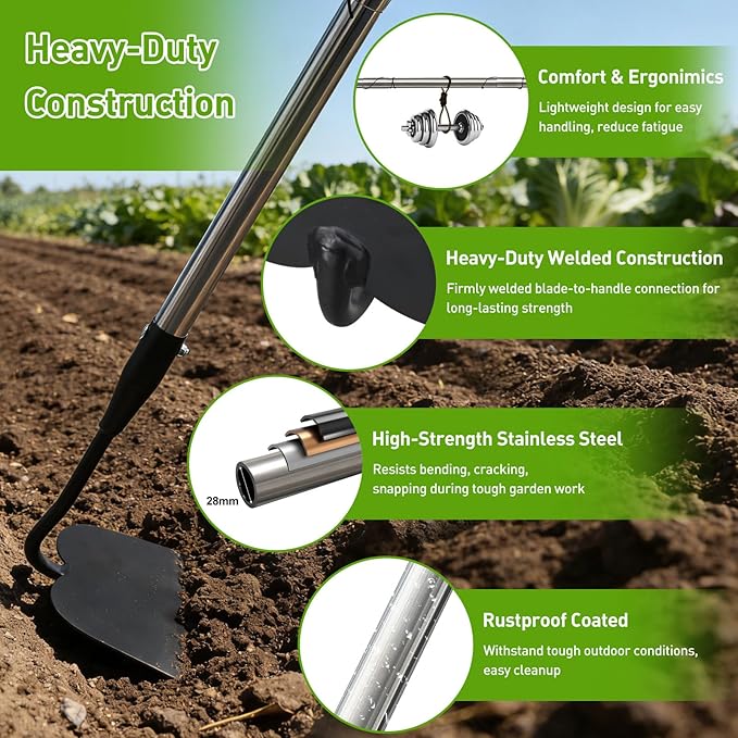 Garden Hoe for Weeding, Heavy Duty Draw Hoe Garden Tool for Plowing,Cultivating,Trenching, Ridging,Tilling Loosening Soil,Scraping Weeder with 60” Handle for Stand Gardening, Reduce Back Strain