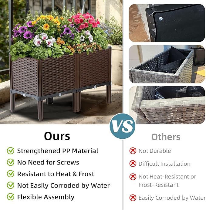 Rattan Raised Garden Bed with Legs-Rectangular Elevated Deep Planters for Outdoor Plants, Self Watering Planter Box 32"L x 16"W x 20"H, Rectangular Deep Garden Bed for Vegetables, Flowers, Herbs