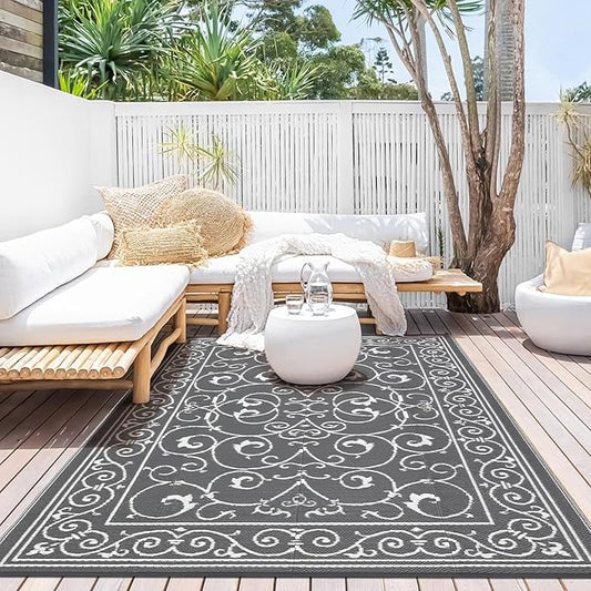 MilleLoomi Waterproof Plastic Straw Outdoor Rug 9x18 Patio Reversible UV Resistant Foldable Camping Carpet Vintage Large Outdoor Rugs for Deck, Picnic, Porch, Camper, Balcony, Beach，Grey
