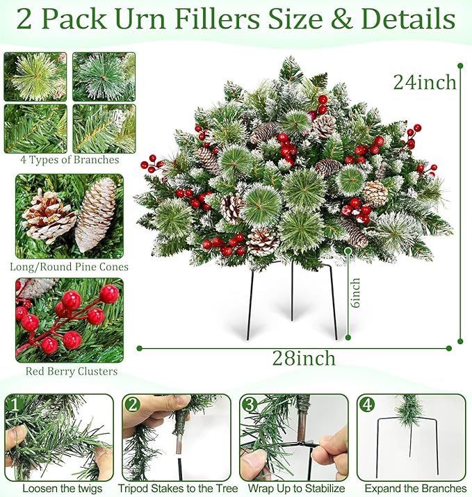 Timer - 2 Pack 24 Inch Lighted Outdoor Christmas Tree Urn Fillers Decorations,Warm White&Colorful Lights 8 Mode,Snowy Pinecones Red Berries Battery Operated Tripod Stake Holiday Planters Porch Pathway