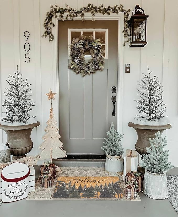 Winter Chirstmas Welcome-Doormat Outdoor-Entrance Pine-Trees Front-Door-Mat, Faux-Coir Seasonal Entryway-Rug Non-Slip Dirt-Trapping Indoor-Outside Porch Mat 17"x30" for Home Decor