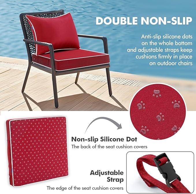 MIULEE Red Outdoor Seat Cushion 24x24 Inch Waterproof & 3 Year Fade Resistant Deep Seat and Back Cushion for Patio Furniture Chair Sofa Couch with Handle and Adjustable Straps