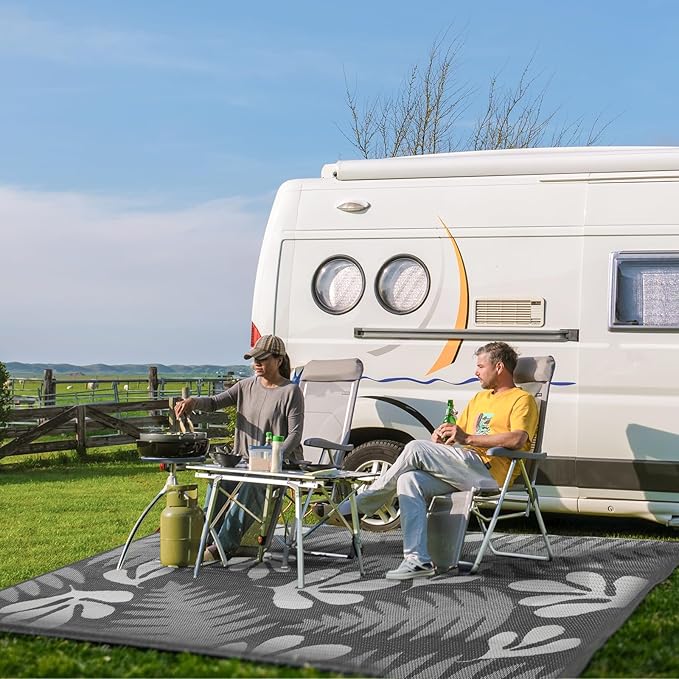wikiwiki Outdoor Rug, 9x18ft Waterproof Reversible Mat Indoor Outdoor Rugs Carpet, Small Area Rug Plastic Straw Rug for Patio Deck Balcony Pool RV Camping Beach Picnic, Grey Leaves, Rugscape Series