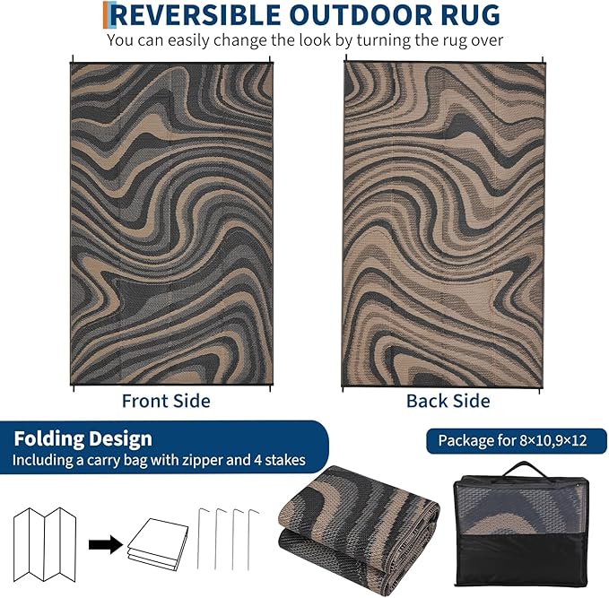 Outdoor Rug 8x10 Waterproof Patio Rugs Modern Abstarct Reversible Mat for Front Door Rv Foldable Plastic Straw Carpet for Travel Trailers, Deck, Camper, Balcony, Beach，Black/Gray/Brown
