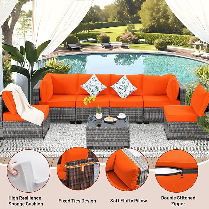 14 Piece Outdoor Sectional Cushions, Water-Resistant Outdoor Sofa Cushions Replacement, 4" High Density Foam Patio Furniture Cushions Fits 6-seat Rattan Conversation Set (Orange)