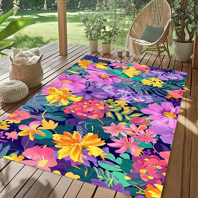 Vibrant Floral Outdoor Rug 8x10 Modern Washable Outdoor Area Rug for Patio Porch Deck Balcony Courtyard Tropical Boho Purple Pink Yellow Flowers Carpet Waterproof Durable Backyard Garden Large Rugs
