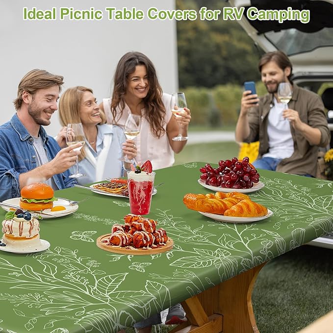 pickyNproud Picnic Table Cover with Bench Covers Portable Table Cloth Built-in Storage Pocket Picnic Table Covers with Elastic Waterproof Camping Essentials for RV Camping