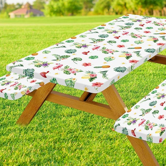 Picnic Table Cover with Bench Covers and Bag, Summer Outdoor Waterproof Windproof Tablecloth with Elastic Edges, Camping Accessories RV Gear Campers 72x30 Inches 3 Pcs Set, White