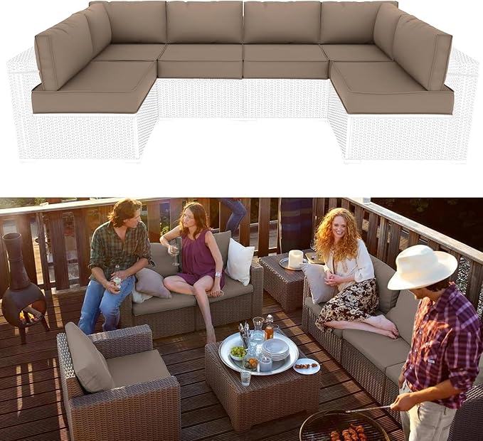 Outdoor Sectional Cushions Replacement Set, 26x26in Patio Furniture Cushions, 14 Pieces Waterproof Outdoor Couch Cushion for 6 Seat Wicker Conversation (Khaki)