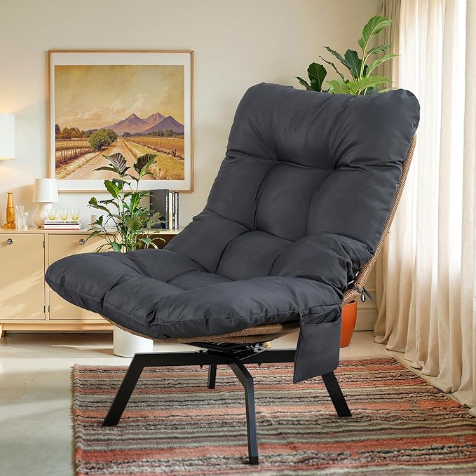 Vongrasig Swivel Wicker Chair PE Rattan Chair with Cushion, Oversized Patio Lounge Chair for Outdoor, Indoor, Balcony, Backyard, Garden, Living Room, Black