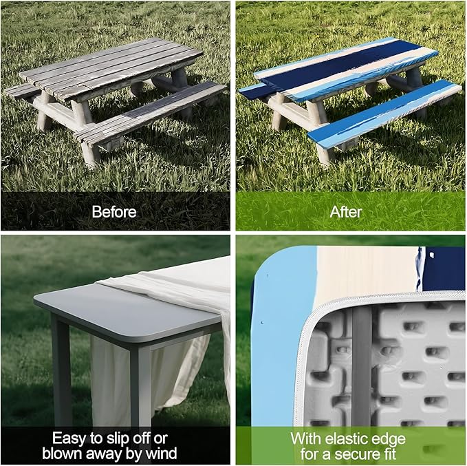 Abstract Picnic Table Cover with Bench Covers Set of 3 - Blue White Gradient Textured Pattern, Elastic Fitted Tablecloth for 6 Ft Tables, Washable Polyester Cover for Patio, Indoor & Outdoor