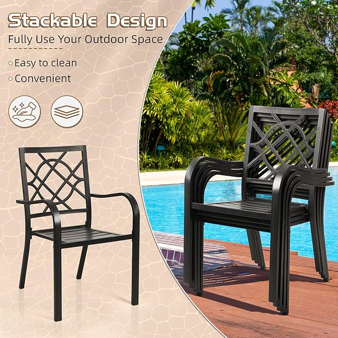 Incbruce 300lbs Patio Chairs Set of 2 Outdoor Dining Chairs, Metal Frame Stackable Patio Dining Chairs, Wrought Iron Black Outdoor Chairs with Armrest for Garden, Poolside, Backyard