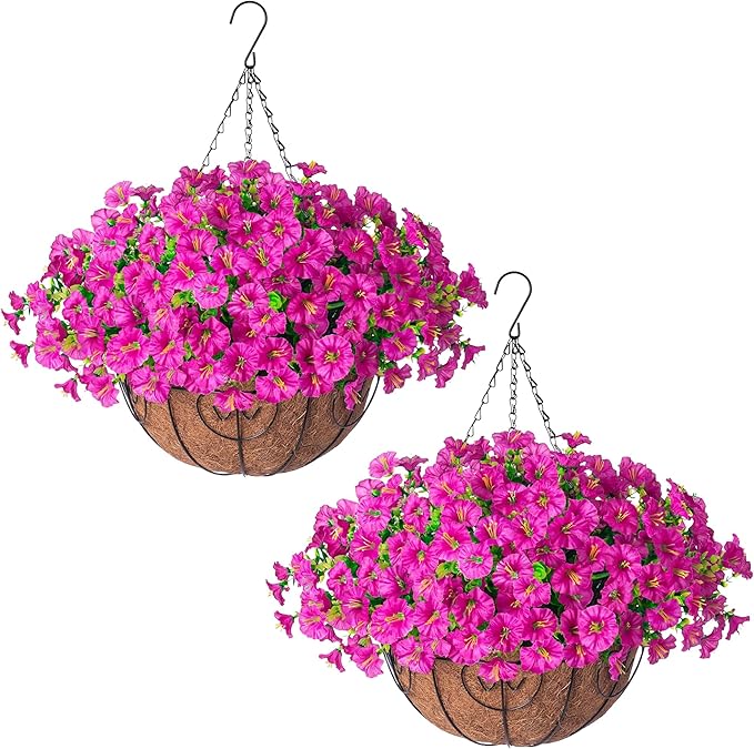 2 Set Artificial Hanging Flowers Baskets Fake Plants for Outdoors Spring Porch Decor, 24 Pcs UV Resistant Faux Silk Morning Glory Eucalyptus with 2 Hanging Planters Realistic for Outside Patio Outdoor