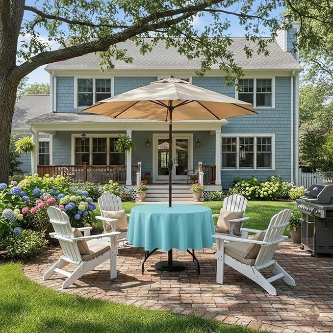 Outdoor Tablecloth Wrinkle-Free Stain Resistant Waterproof Polyester Fabric Table Cover with Zipper Umbrella Hole for Picnic/Party/Dinner/Patio Garden(60inch Round,Zippered,Aqua Blue)