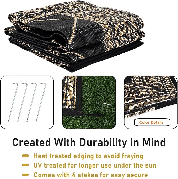 HiiARug Outdoor Rug 8'x10' for Patios Waterproof Patio Rugs Outdoor Mats for Front Porch,Beach Mat,Reversible Plastic Straw Camping Rugs for Outside RV,Deck,Balcony,Backyard，Black&Beige