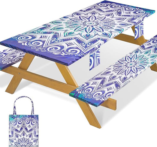 Fitted Waterproof Picnic Table Cover with Bench Covers Elastic Stain Resistant Camping Table clothes for 6Feet Rectangle Tables Outside Parties Necessities Gift Travel Trailers Trips Rv Things