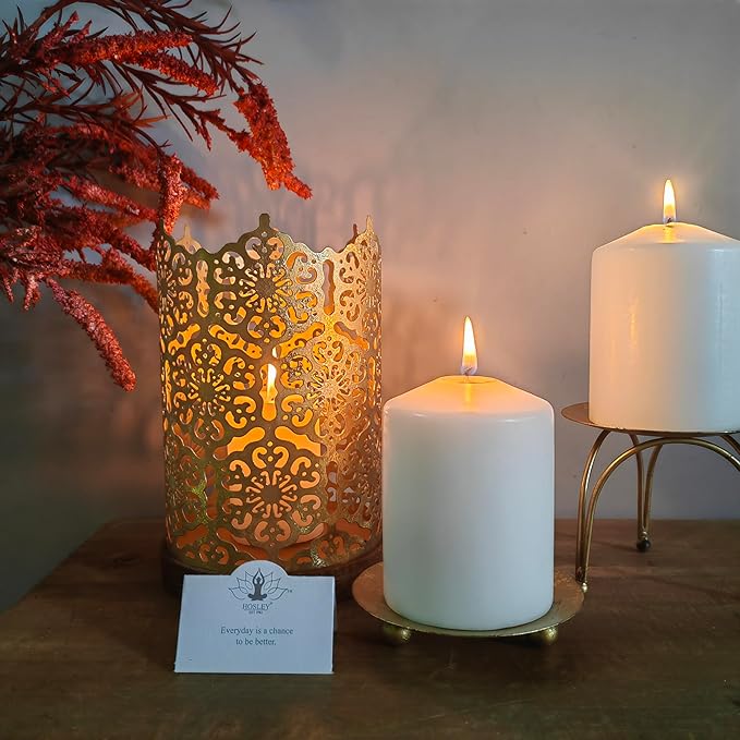 Hosley Set of 2 Gold Iron Pillar Candle Holder Plates – 4-Inch Decorative Round Trays for Pillar Candles – Ideal for Weddings, Special Occasions, Home Décor, and Pedestal Displays