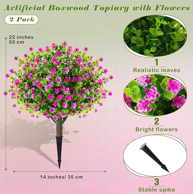 Yunlly 2 Pcs Outdoor Artificial Topiary Ball Trees 22" with Colorful Flowers, Boxwood Fake Bushes Shrubs with Spike, UV Resistant Evergreen Plants for Front Porch Garden Decor (Purple)